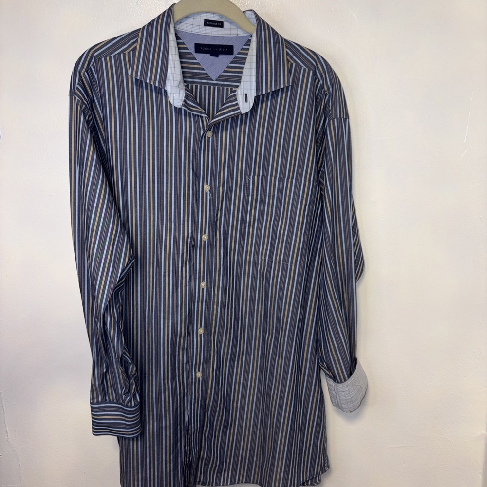 Tommy Hilfiger Long Sleeve Gray/ Blue‎ Button Up Men 17  32-33 reg fit